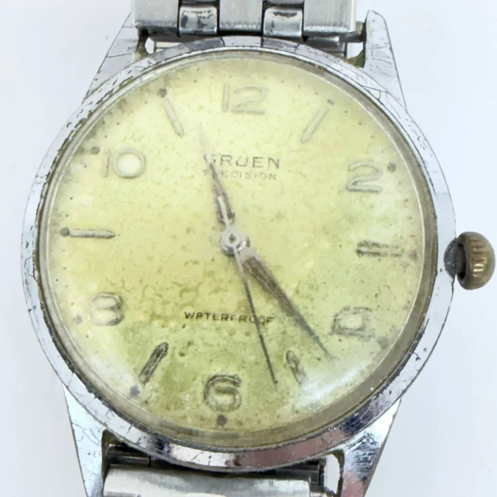 Vintage Gruen Precision Watch Mens Manual Wind Patina Dial Stainless Steel